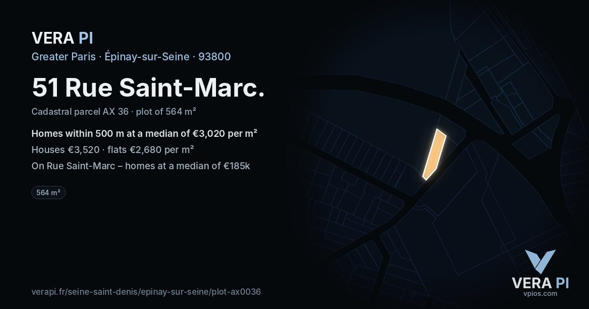 51 Rue Saint-Marc, Épinay-sur-Seine at night – the plot lit, the parcels around coloured by the prices near them