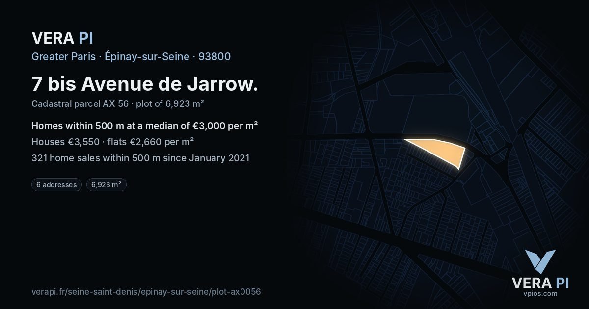 7 bis Avenue de Jarrow, Épinay-sur-Seine at night – the plot lit, the parcels around coloured by the prices near them