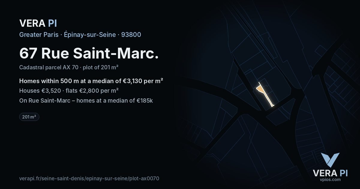 67 Rue Saint-Marc, Épinay-sur-Seine at night – the plot lit, the parcels around coloured by the prices near them