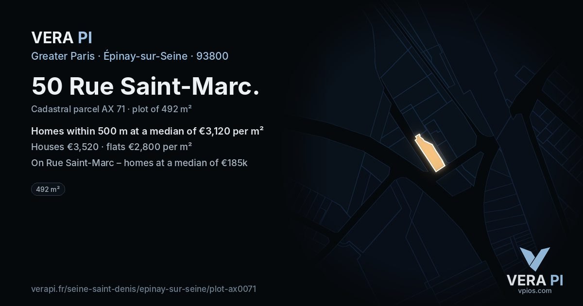 50 Rue Saint-Marc, Épinay-sur-Seine at night – the plot lit, the parcels around coloured by the prices near them