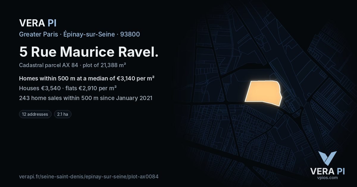 5 Rue Maurice Ravel, Épinay-sur-Seine at night – the plot lit, the parcels around coloured by the prices near them