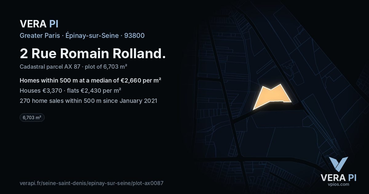 2 Rue Romain Rolland, Épinay-sur-Seine at night – the plot lit, the parcels around coloured by the prices near them