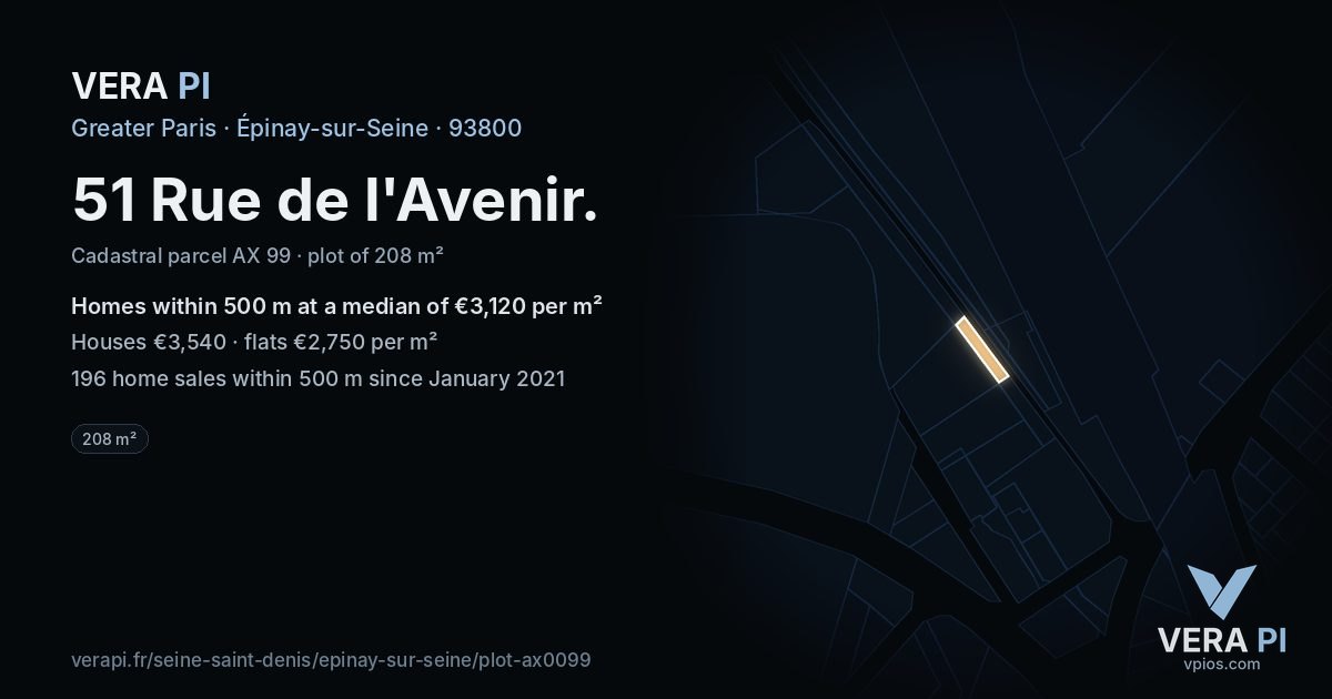 51 Rue de l'Avenir, Épinay-sur-Seine at night – the plot lit, the parcels around coloured by the prices near them