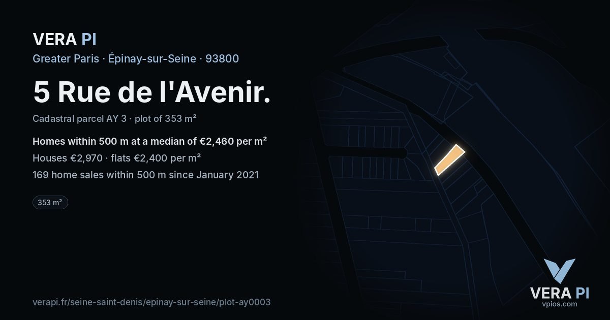 5 Rue de l'Avenir, Épinay-sur-Seine at night – the plot lit, the parcels around coloured by the prices near them