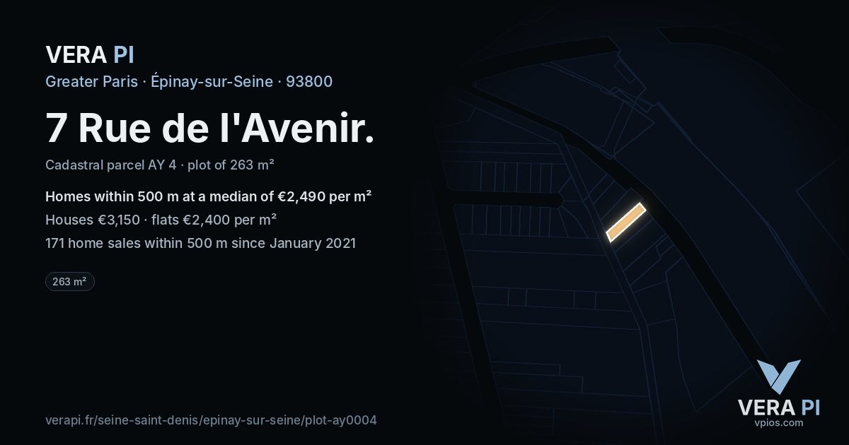 7 Rue de l'Avenir, Épinay-sur-Seine at night – the plot lit, the parcels around coloured by the prices near them
