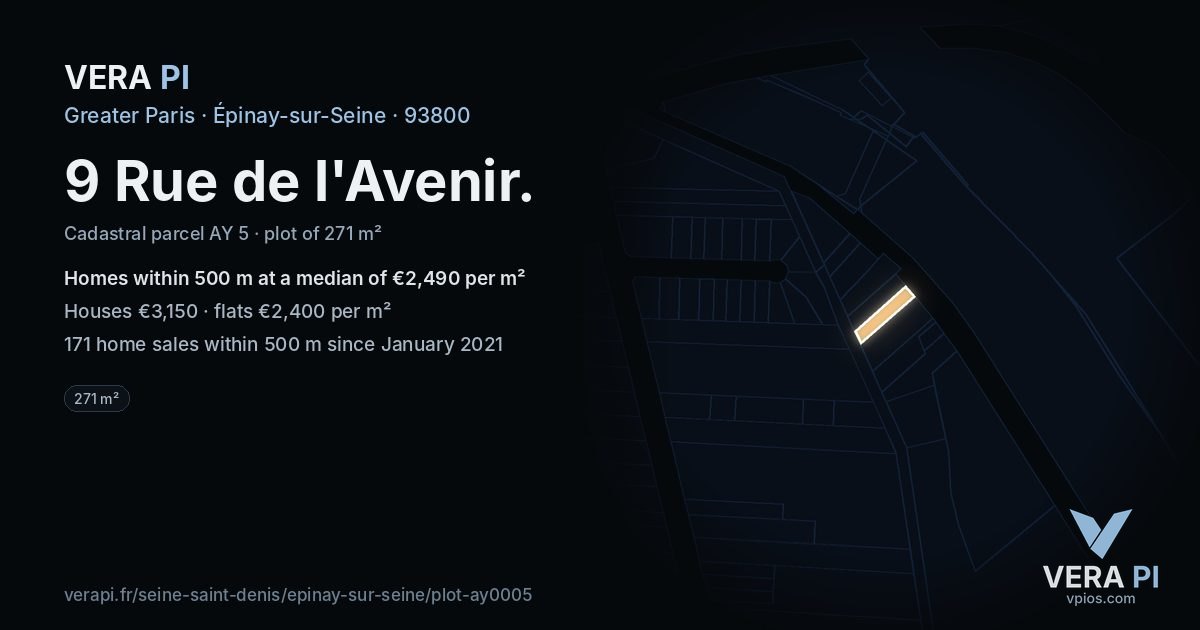 9 Rue de l'Avenir, Épinay-sur-Seine at night – the plot lit, the parcels around coloured by the prices near them