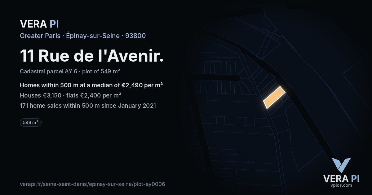 11 Rue de l'Avenir, Épinay-sur-Seine at night – the plot lit, the parcels around coloured by the prices near them