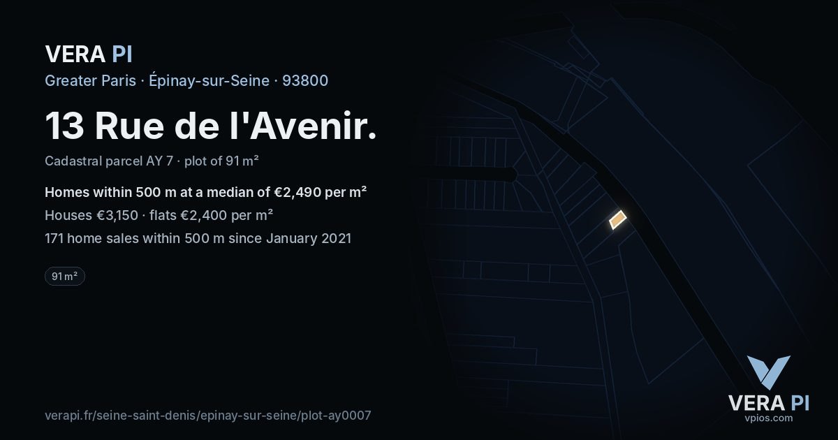 13 Rue de l'Avenir, Épinay-sur-Seine at night – the plot lit, the parcels around coloured by the prices near them