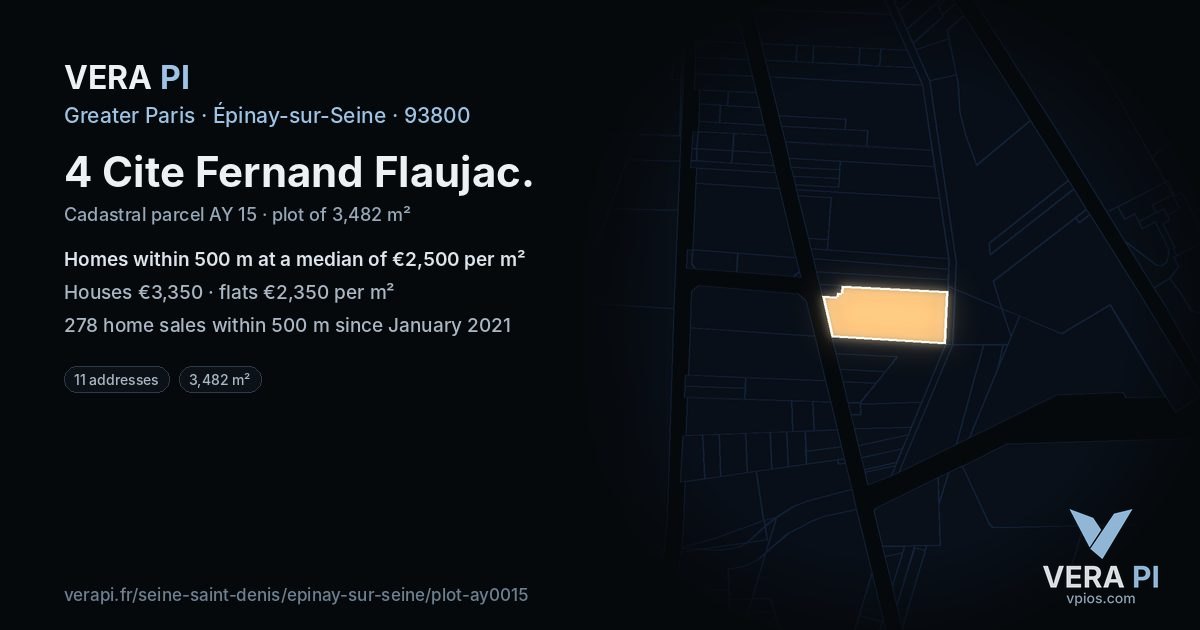 4 Cite Fernand Flaujac, Épinay-sur-Seine at night – the plot lit, the parcels around coloured by the prices near them