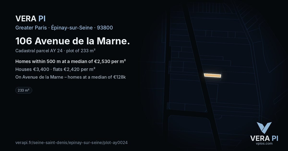 106 Avenue de la Marne, Épinay-sur-Seine at night – the plot lit, the parcels around coloured by the prices near them
