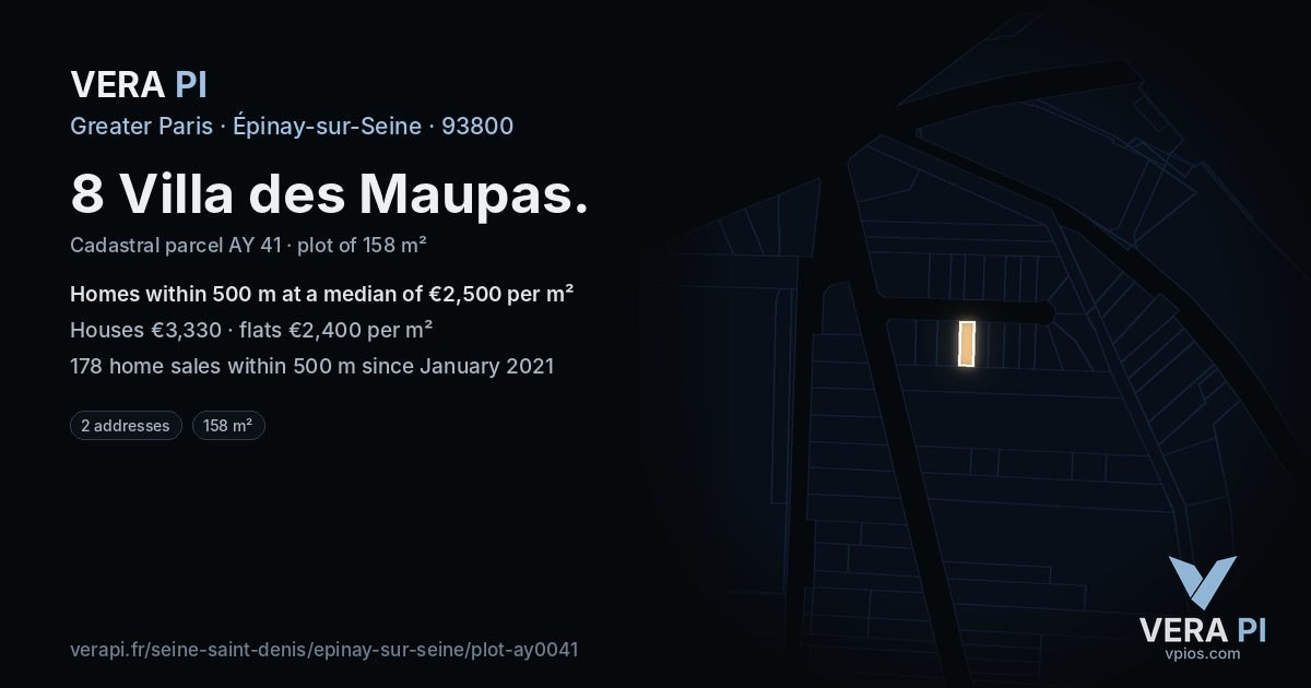 8 Villa des Maupas, Épinay-sur-Seine at night – the plot lit, the parcels around coloured by the prices near them