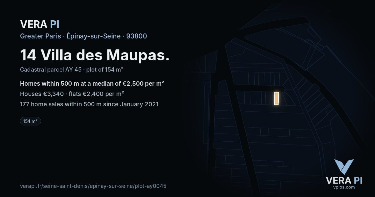 14 Villa des Maupas, Épinay-sur-Seine at night – the plot lit, the parcels around coloured by the prices near them