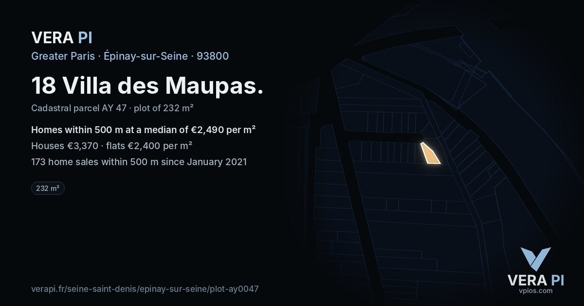 18 Villa des Maupas, Épinay-sur-Seine at night – the plot lit, the parcels around coloured by the prices near them