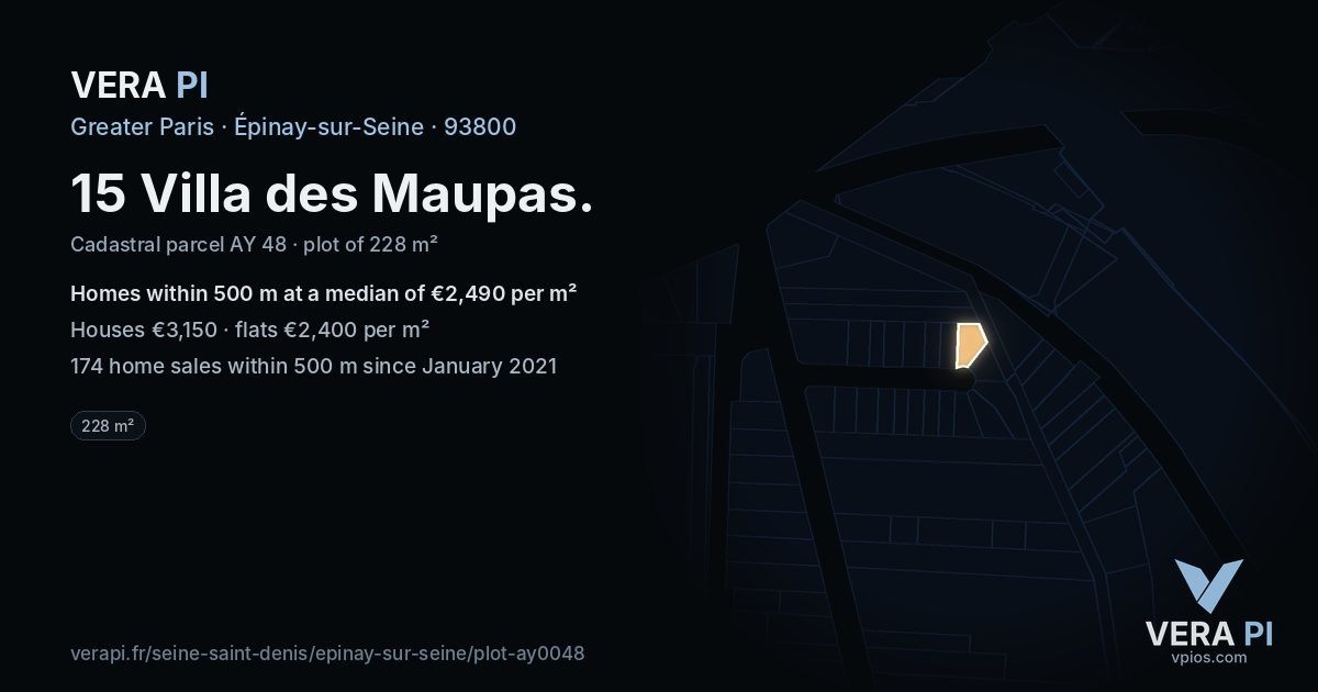 15 Villa des Maupas, Épinay-sur-Seine at night – the plot lit, the parcels around coloured by the prices near them