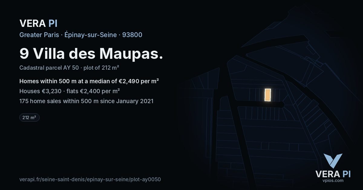 9 Villa des Maupas, Épinay-sur-Seine at night – the plot lit, the parcels around coloured by the prices near them