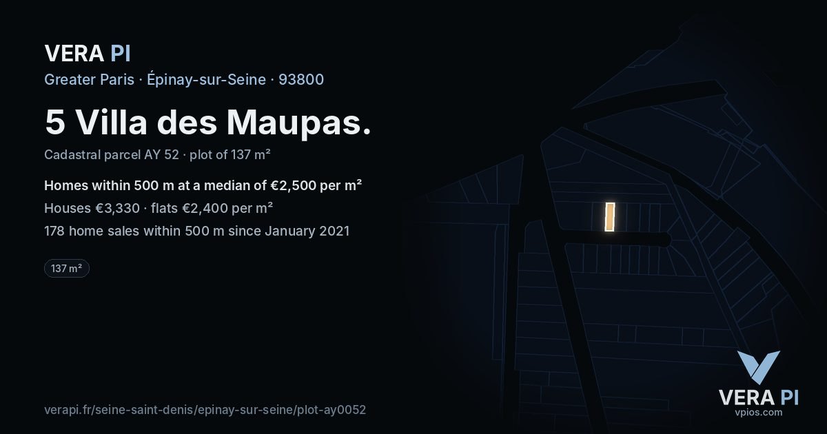 5 Villa des Maupas, Épinay-sur-Seine at night – the plot lit, the parcels around coloured by the prices near them