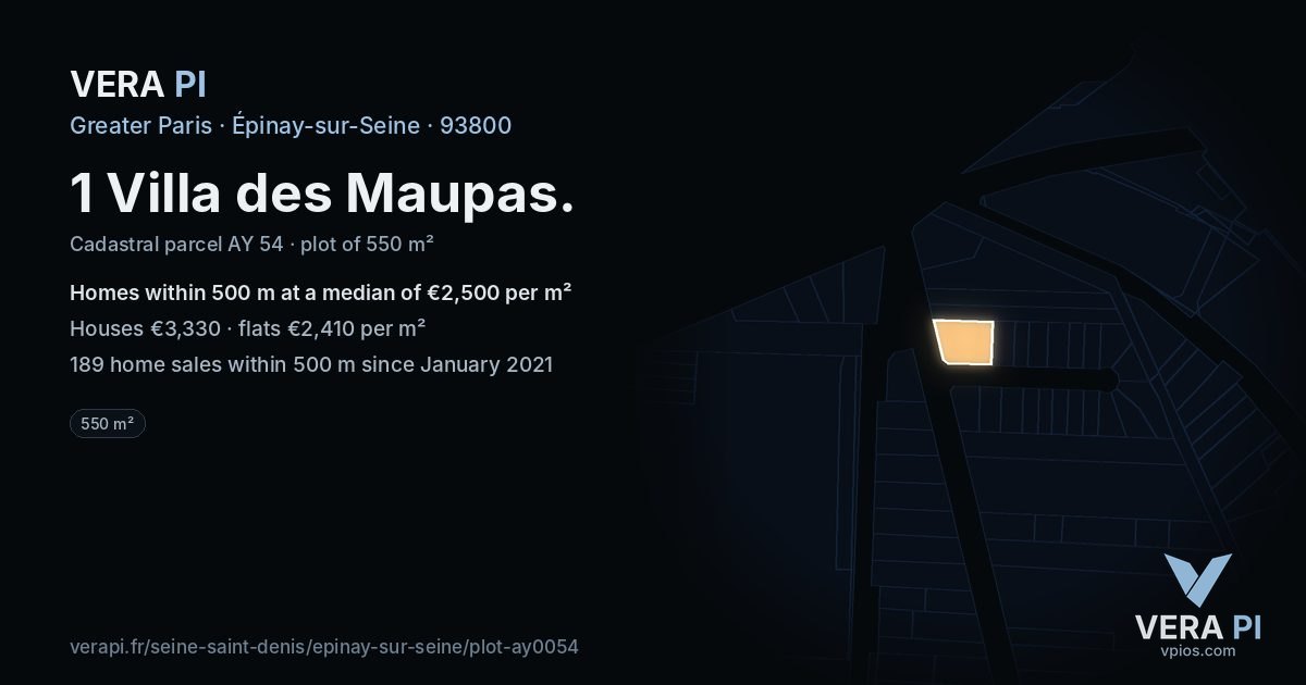 1 Villa des Maupas, Épinay-sur-Seine at night – the plot lit, the parcels around coloured by the prices near them