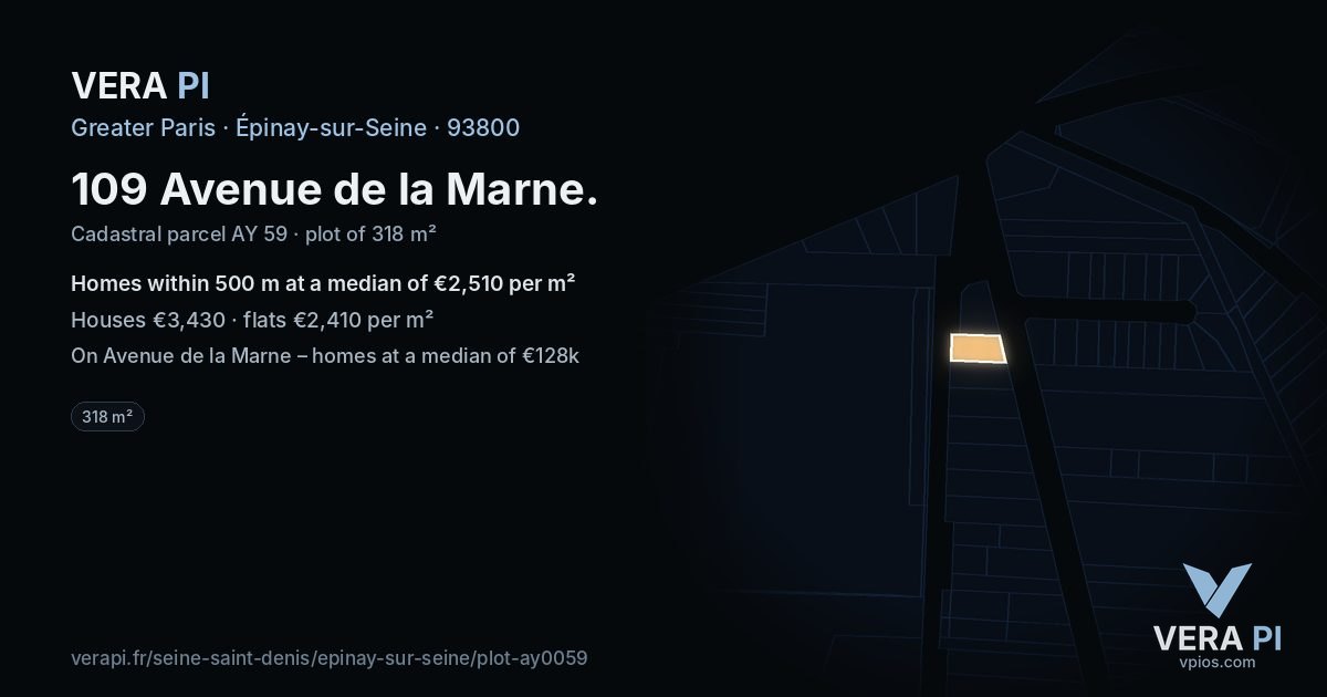 109 Avenue de la Marne, Épinay-sur-Seine at night – the plot lit, the parcels around coloured by the prices near them