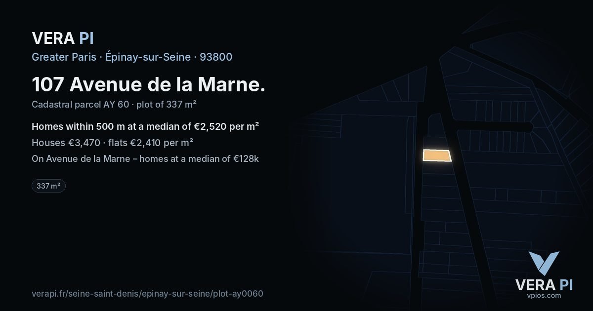 107 Avenue de la Marne, Épinay-sur-Seine at night – the plot lit, the parcels around coloured by the prices near them
