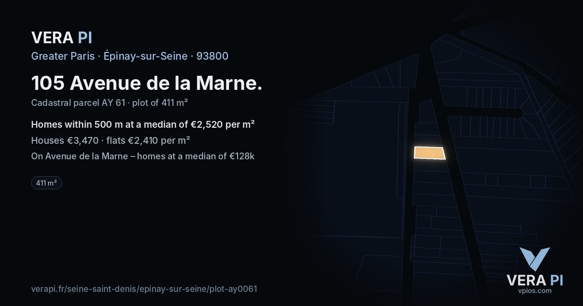 105 Avenue de la Marne, Épinay-sur-Seine at night – the plot lit, the parcels around coloured by the prices near them