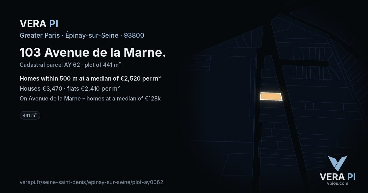 103 Avenue de la Marne, Épinay-sur-Seine at night – the plot lit, the parcels around coloured by the prices near them