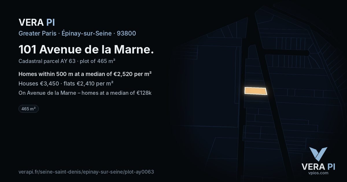 101 Avenue de la Marne, Épinay-sur-Seine at night – the plot lit, the parcels around coloured by the prices near them
