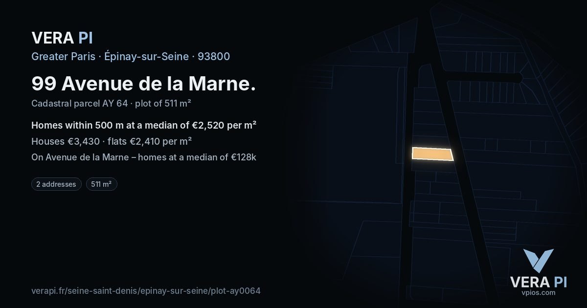 99 Avenue de la Marne, Épinay-sur-Seine at night – the plot lit, the parcels around coloured by the prices near them