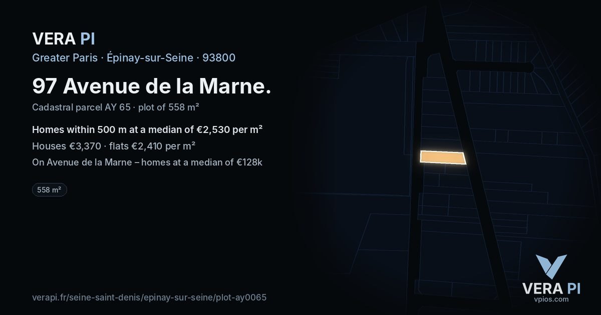 97 Avenue de la Marne, Épinay-sur-Seine at night – the plot lit, the parcels around coloured by the prices near them