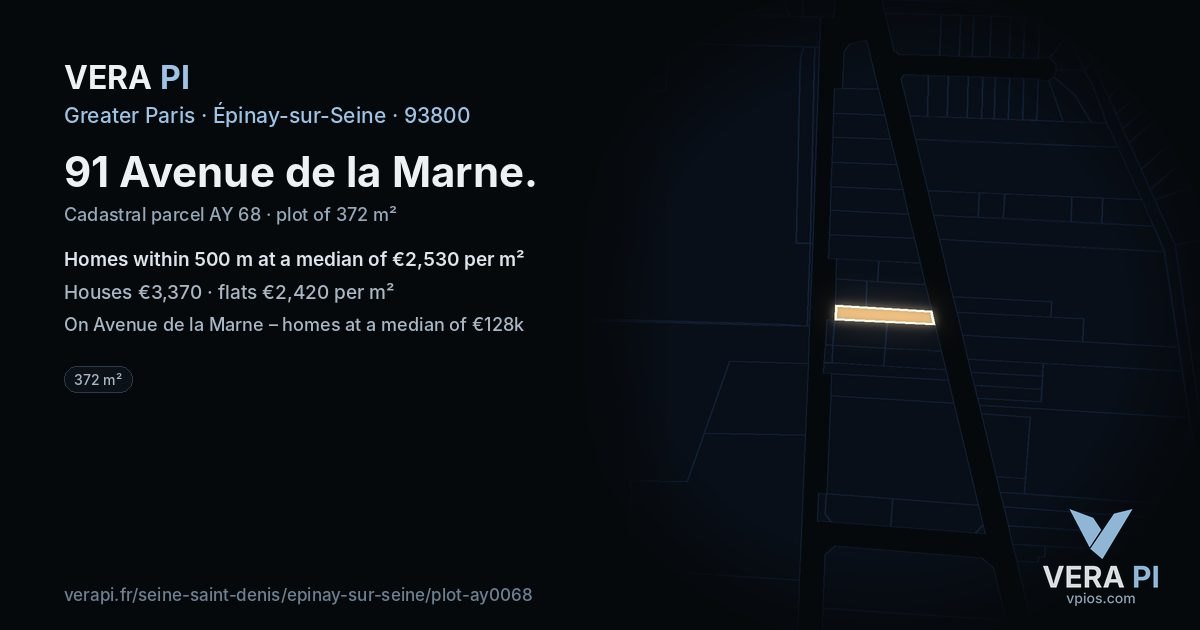 91 Avenue de la Marne, Épinay-sur-Seine at night – the plot lit, the parcels around coloured by the prices near them