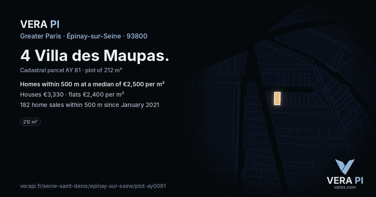 4 Villa des Maupas, Épinay-sur-Seine at night – the plot lit, the parcels around coloured by the prices near them