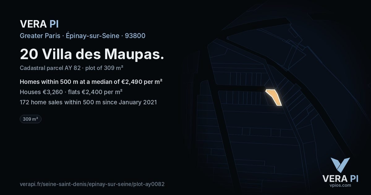20 Villa des Maupas, Épinay-sur-Seine at night – the plot lit, the parcels around coloured by the prices near them