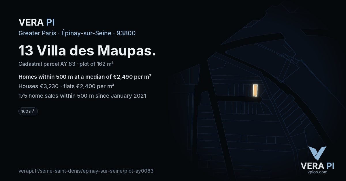 13 Villa des Maupas, Épinay-sur-Seine at night – the plot lit, the parcels around coloured by the prices near them