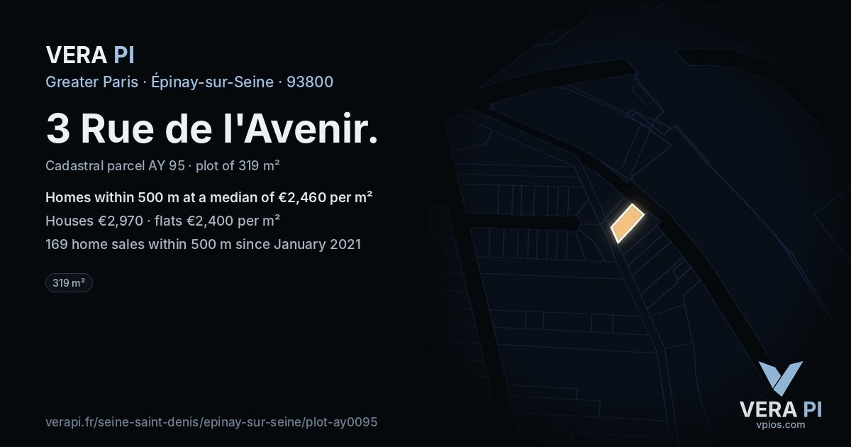 3 Rue de l'Avenir, Épinay-sur-Seine at night – the plot lit, the parcels around coloured by the prices near them