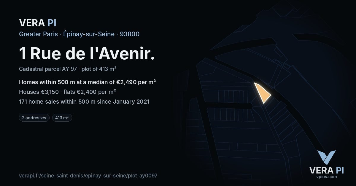 1 Rue de l'Avenir, Épinay-sur-Seine at night – the plot lit, the parcels around coloured by the prices near them