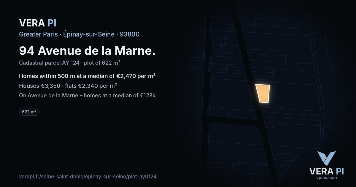 94 Avenue de la Marne, Épinay-sur-Seine at night – the plot lit, the parcels around coloured by the prices near them