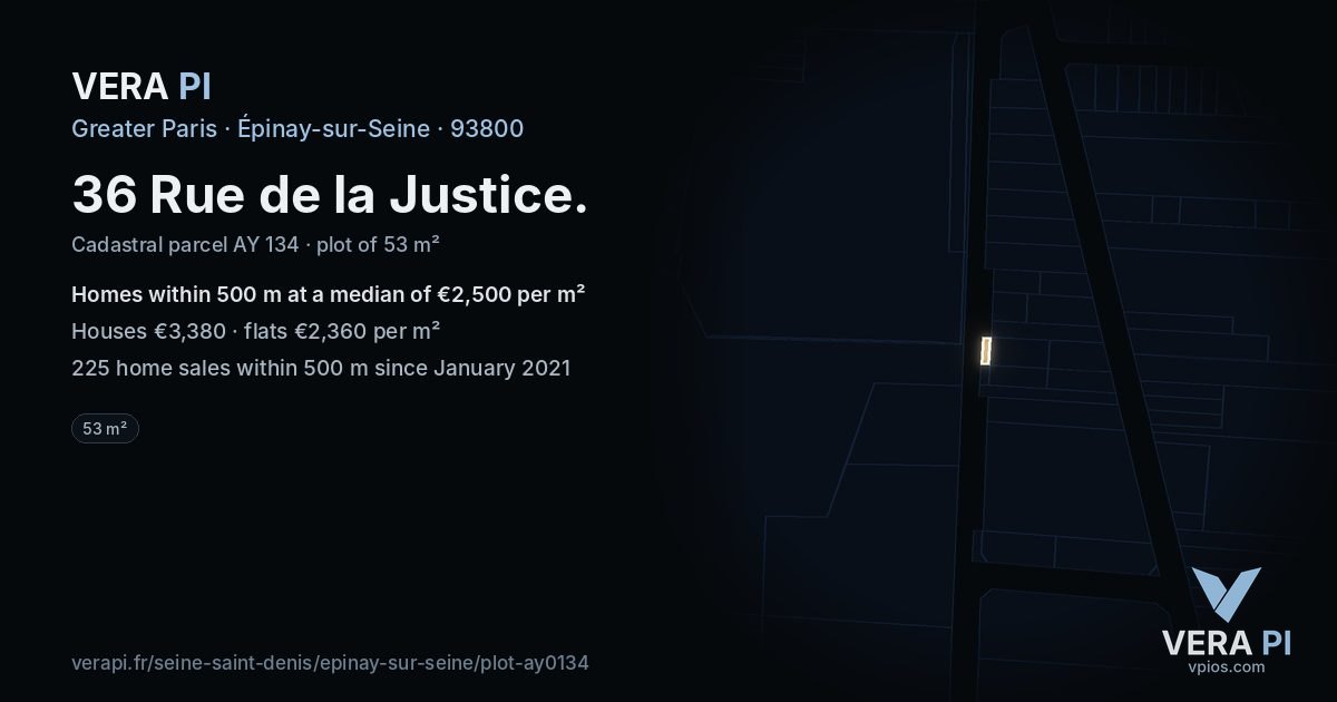 36 Rue de la Justice, Épinay-sur-Seine at night – the plot lit, the parcels around coloured by the prices near them