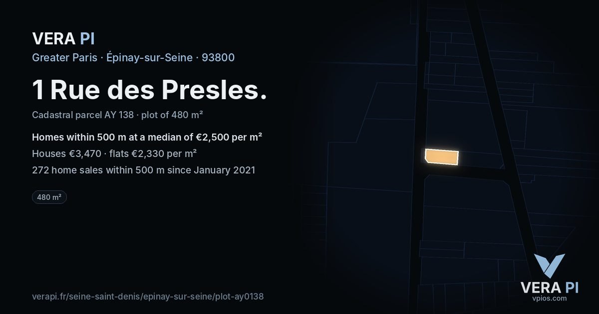 1 Rue des Presles, Épinay-sur-Seine at night – the plot lit, the parcels around coloured by the prices near them