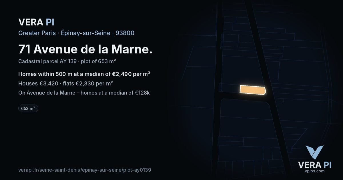 71 Avenue de la Marne, Épinay-sur-Seine at night – the plot lit, the parcels around coloured by the prices near them