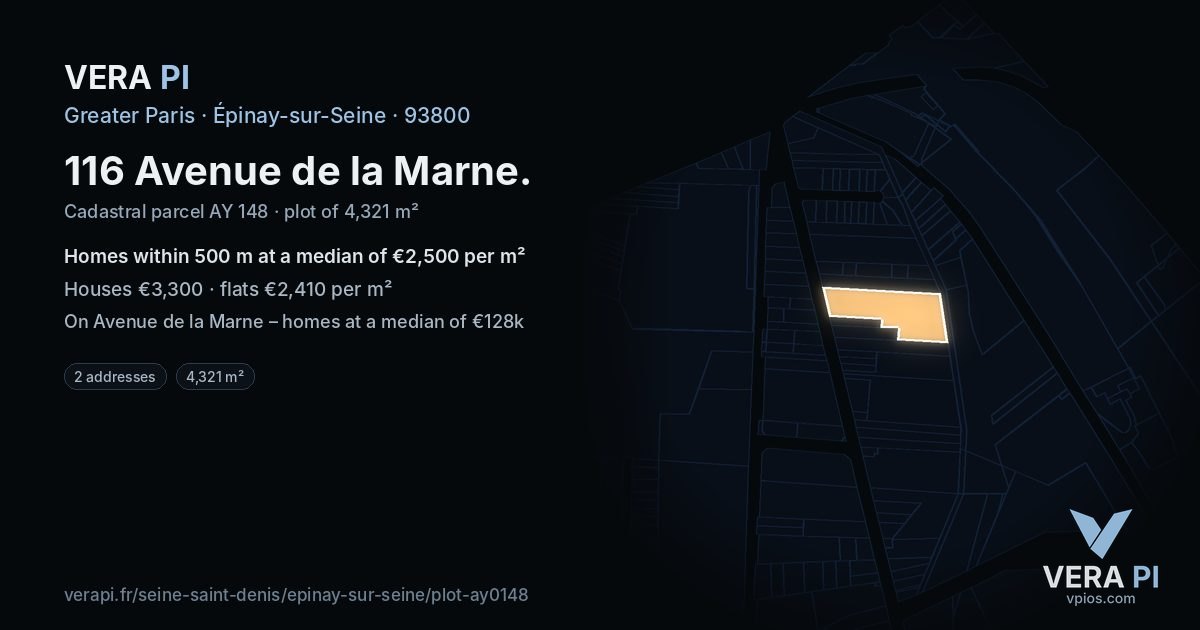 116 Avenue de la Marne, Épinay-sur-Seine at night – the plot lit, the parcels around coloured by the prices near them