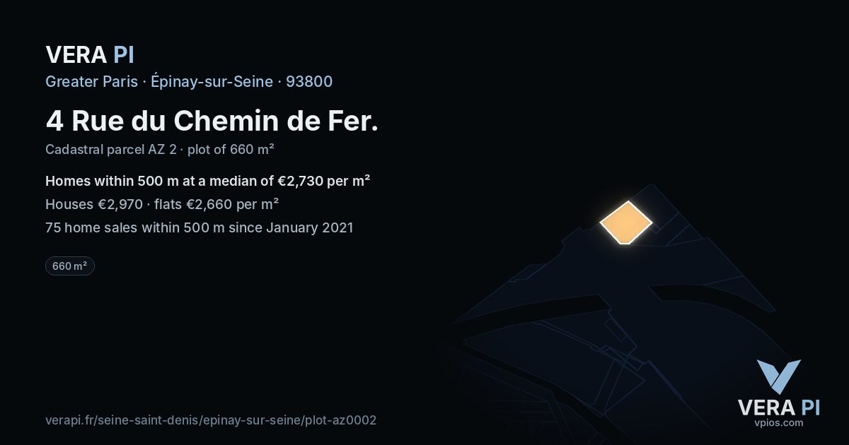4 Rue du Chemin de Fer, Épinay-sur-Seine at night – the plot lit, the parcels around coloured by the prices near them