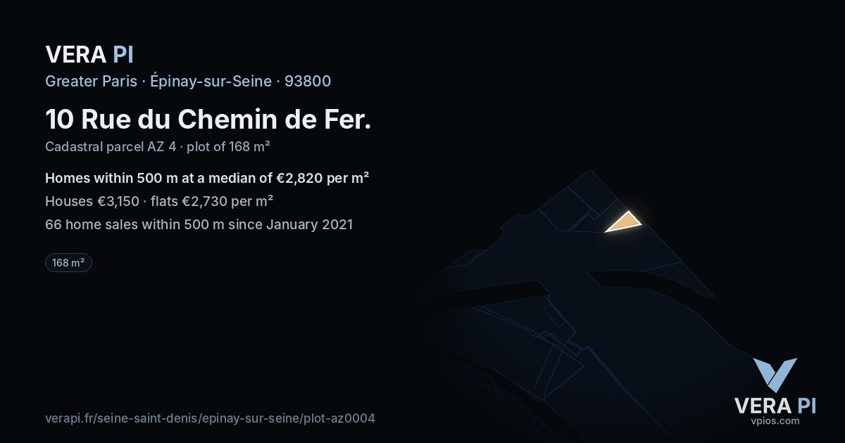 10 Rue du Chemin de Fer, Épinay-sur-Seine at night – the plot lit, the parcels around coloured by the prices near them