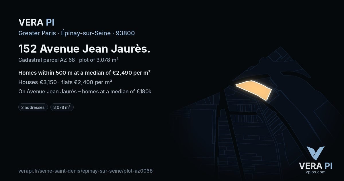 152 Avenue Jean Jaurès, Épinay-sur-Seine at night – the plot lit, the parcels around coloured by the prices near them
