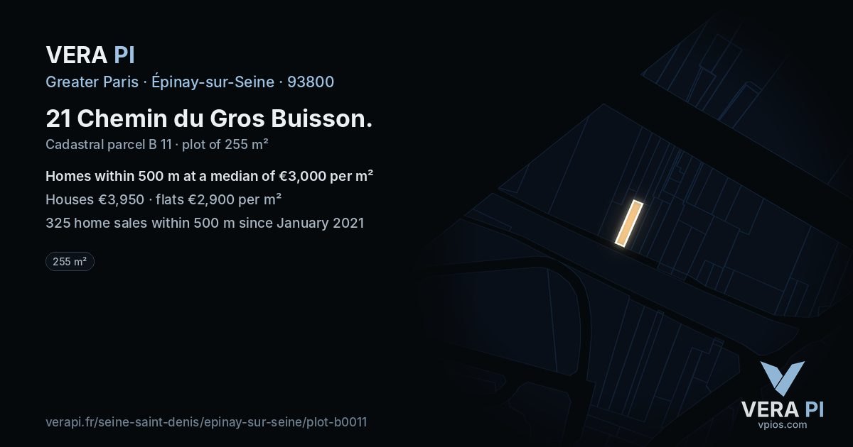 21 Chemin du Gros Buisson, Épinay-sur-Seine at night – the plot lit, the parcels around coloured by the prices near them