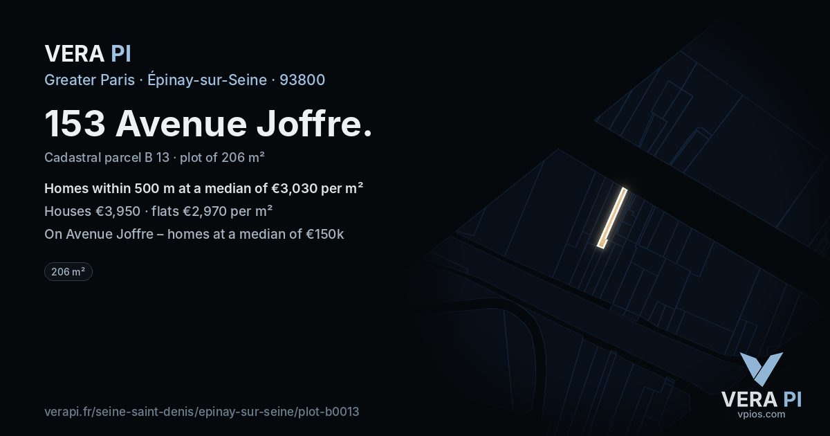 153 Avenue Joffre, Épinay-sur-Seine at night – the plot lit, the parcels around coloured by the prices near them