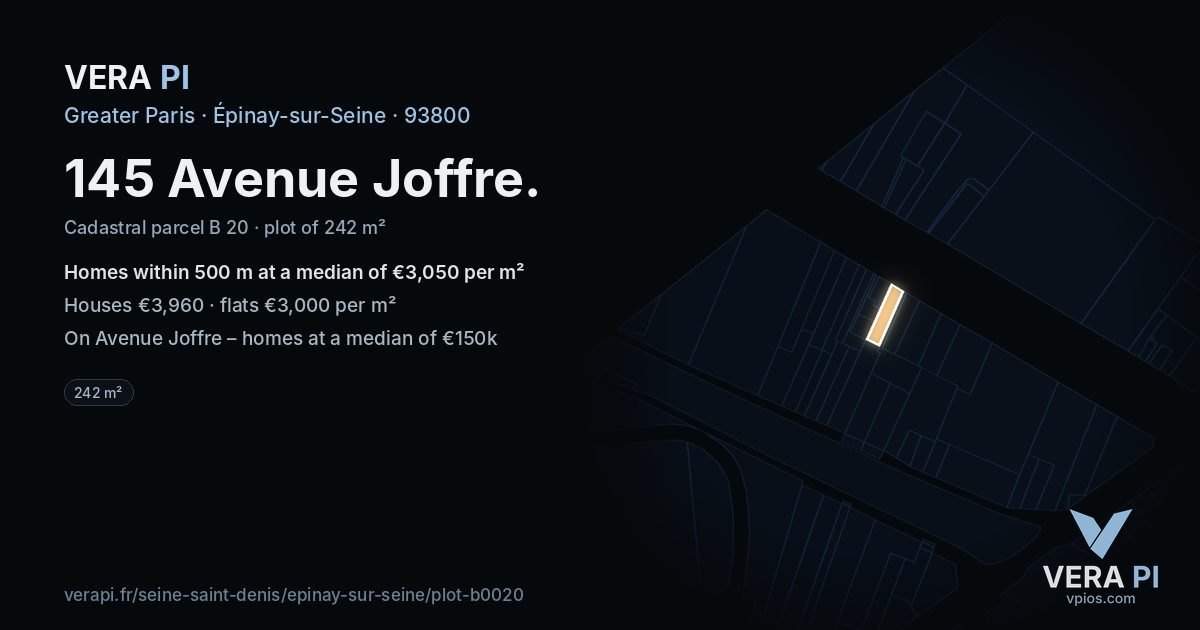 145 Avenue Joffre, Épinay-sur-Seine at night – the plot lit, the parcels around coloured by the prices near them