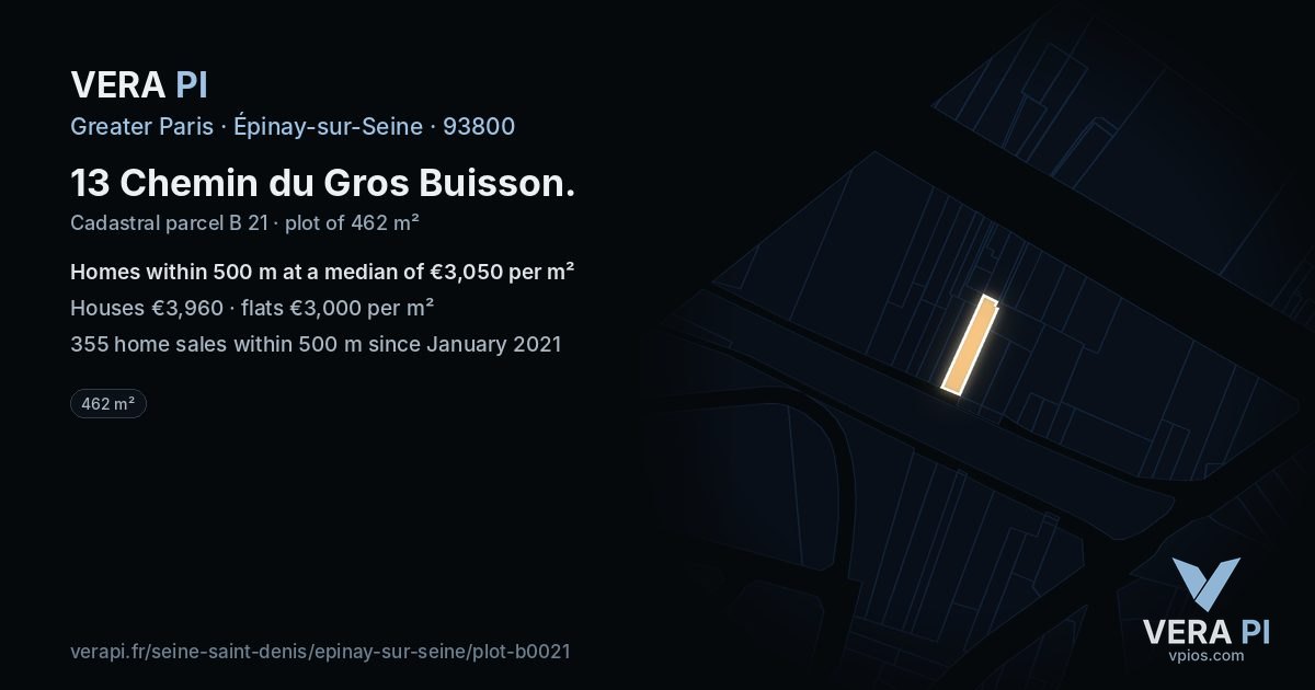 13 Chemin du Gros Buisson, Épinay-sur-Seine at night – the plot lit, the parcels around coloured by the prices near them