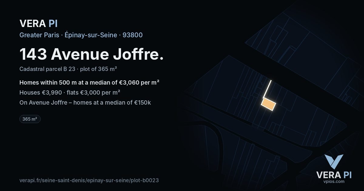 143 Avenue Joffre, Épinay-sur-Seine at night – the plot lit, the parcels around coloured by the prices near them