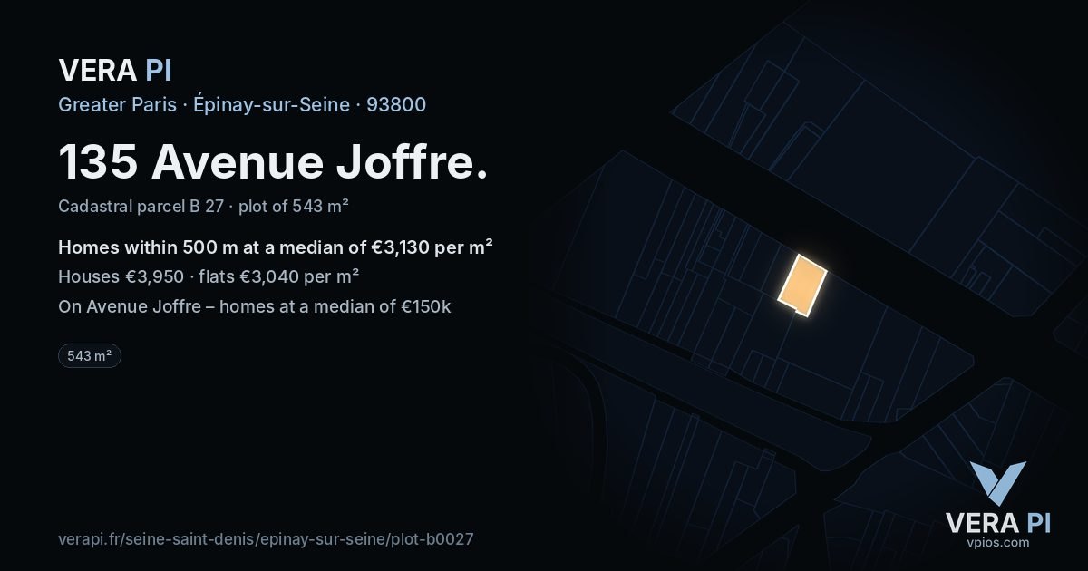 135 Avenue Joffre, Épinay-sur-Seine at night – the plot lit, the parcels around coloured by the prices near them