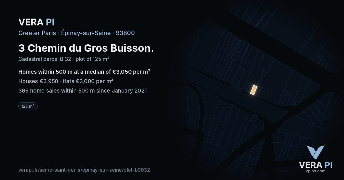 3 Chemin du Gros Buisson, Épinay-sur-Seine at night – the plot lit, the parcels around coloured by the prices near them