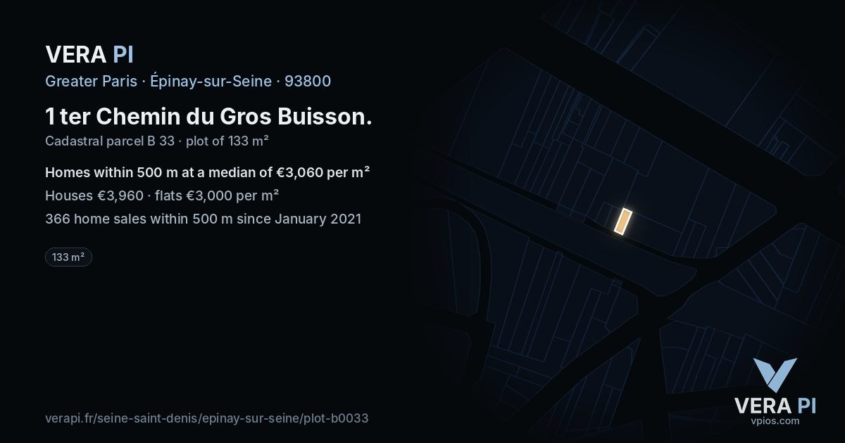 1 ter Chemin du Gros Buisson, Épinay-sur-Seine at night – the plot lit, the parcels around coloured by the prices near them